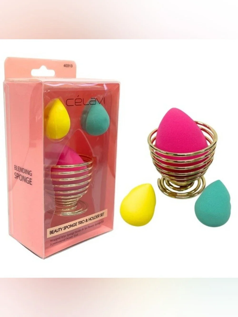 Celavi Beauty Sponge Trio & Gold Holder Set NWT Makeup Blender Set